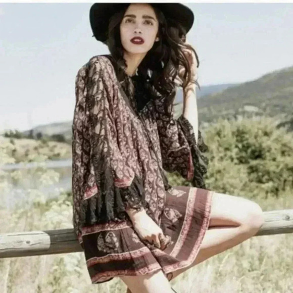 Free People Nomad Child Floral Dress Print Belle Sleeve Lace - Picture 1 of 16